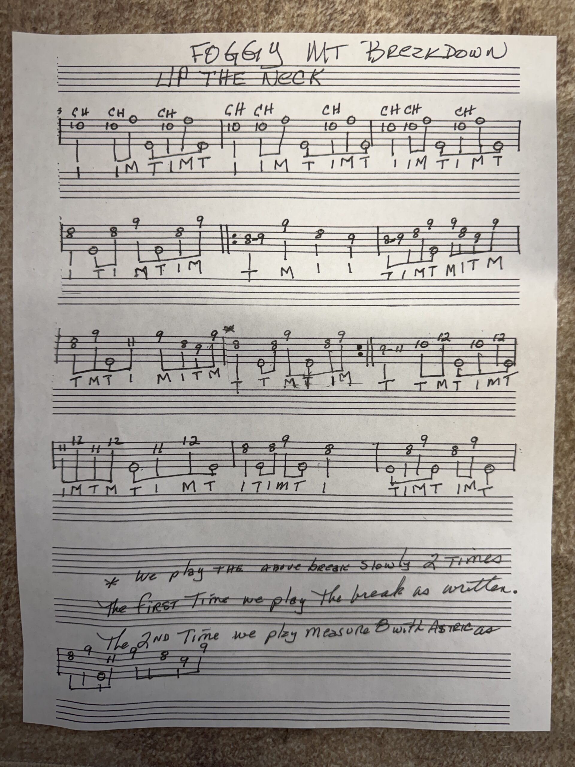 Handwritten banjo tablature for Foggy Mountain Breakdown up the neck by Geoff Hohwald, showing chokes at the 10th fret